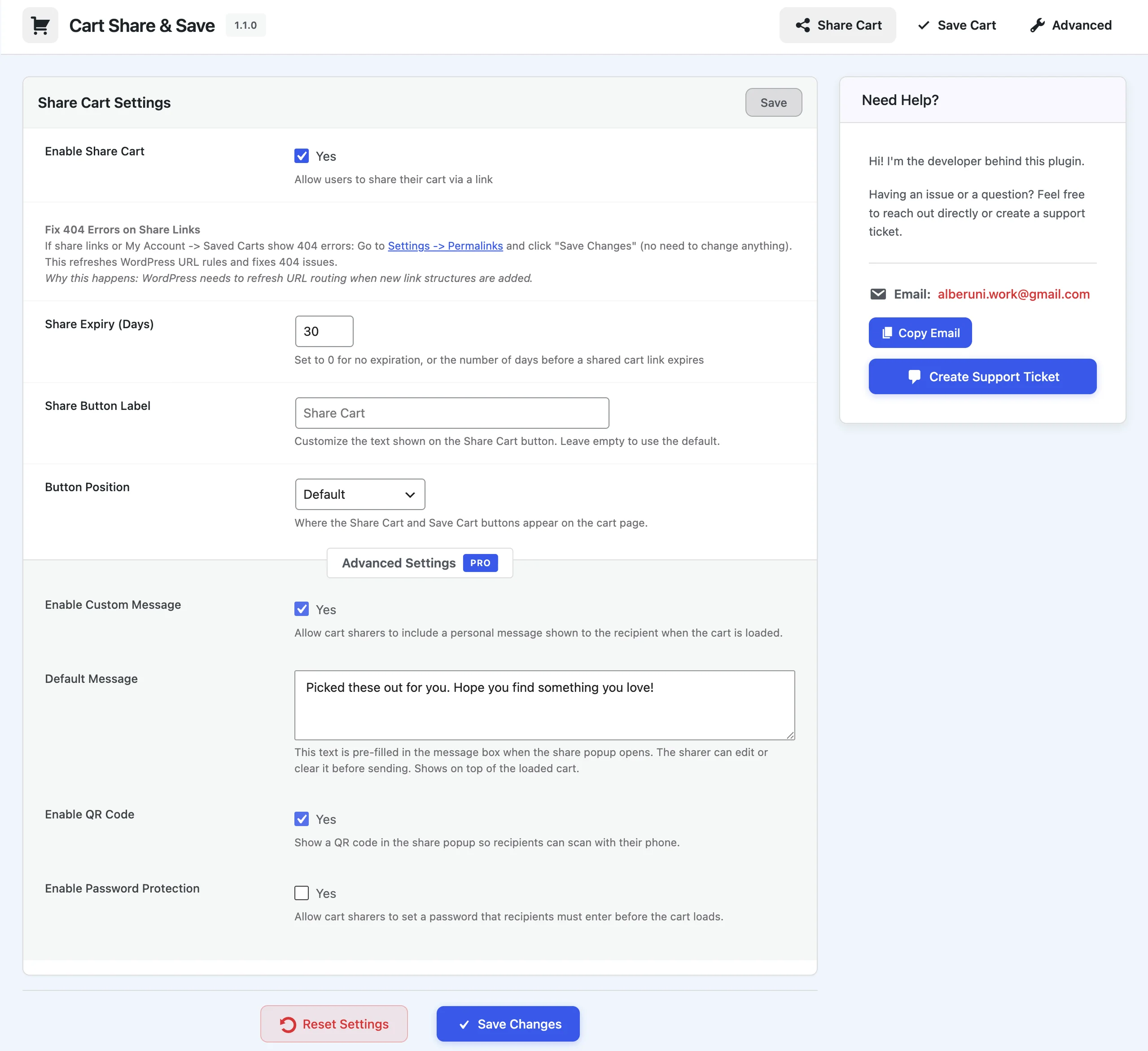 Share Cart Settings tab