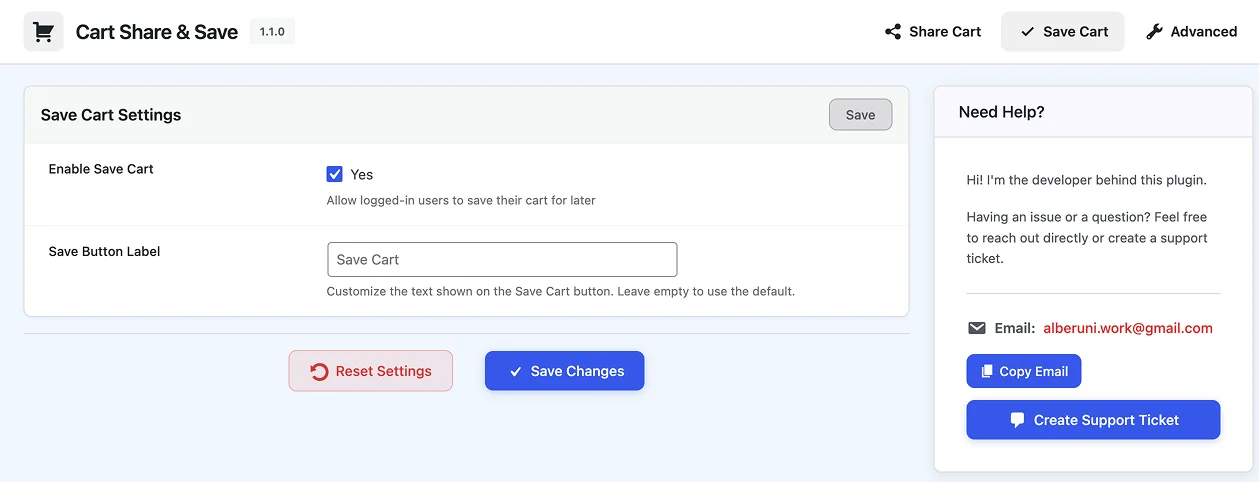 Save Cart Settings tab