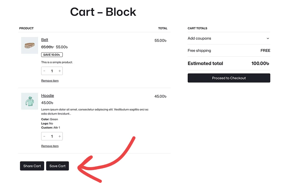 Share and Save buttons on FSE Cart Block