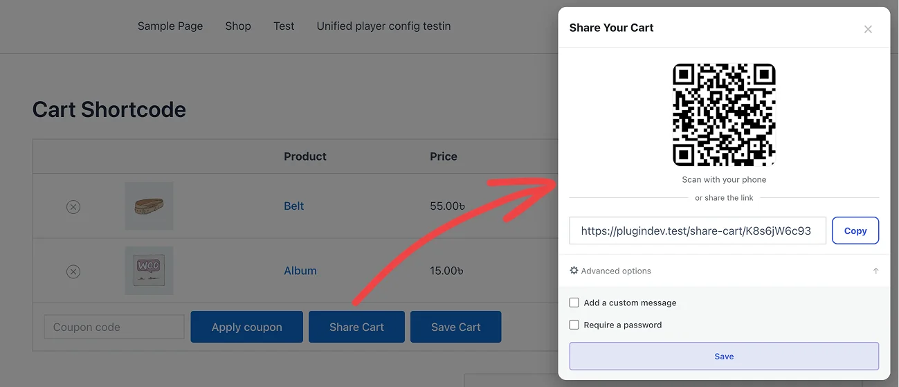 Cart sharing popup with generated shareable URL