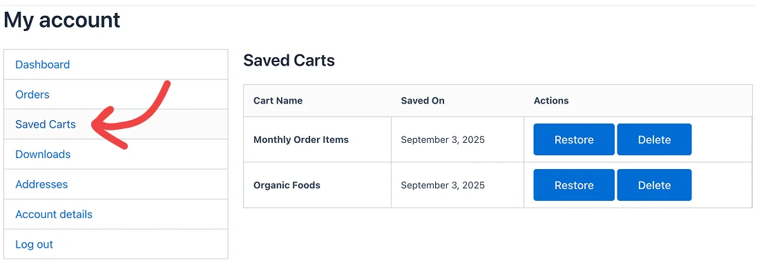 Saved carts in My Account area